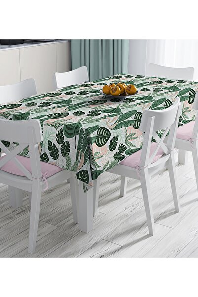 Realhomes Față de masă imprimată digital cu model de frunze de culoare închisă pe podea colorată moale