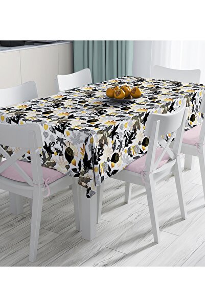 Realhomes Față de masă imprimată digitală cu model de frunze de toamnă cu detalii aurii pe fundal alb