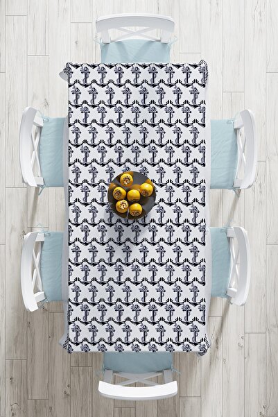 Realhomes Digital Printed Tablecloth with Geometric Drawings and Anchor Pattern on White Background