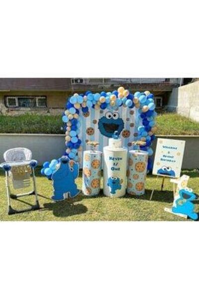 MERİ PARTİ Cookie Monster Blue Skin Color Balloon And Balloon Chain