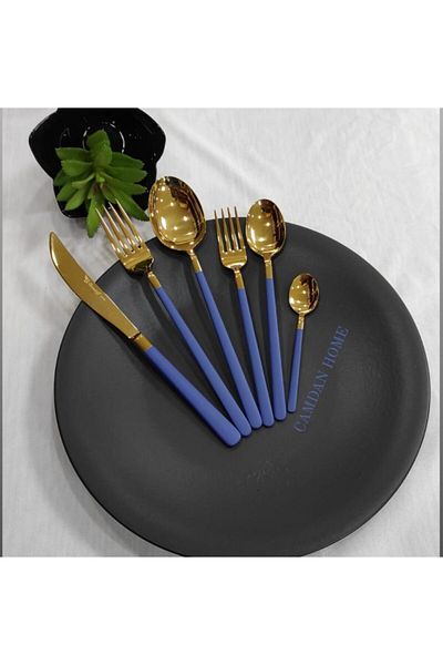 BRONDOFF Lilyum Blue Titanium Gold Fork Spoon Knife Set 36 Pieces