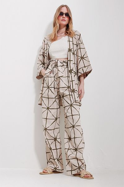 Trend Alaçatı Stili Women's Green Kimono Jacket And Palazzo Linen Pants Bottom Top Set ALC-X11589