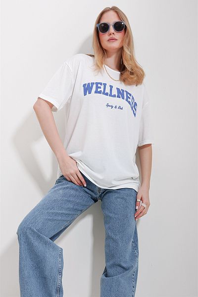 Trend Alaçatı Stili Women's Blue Crew Neck Printed Oversize Cotton T-Shirt ALC-X11588