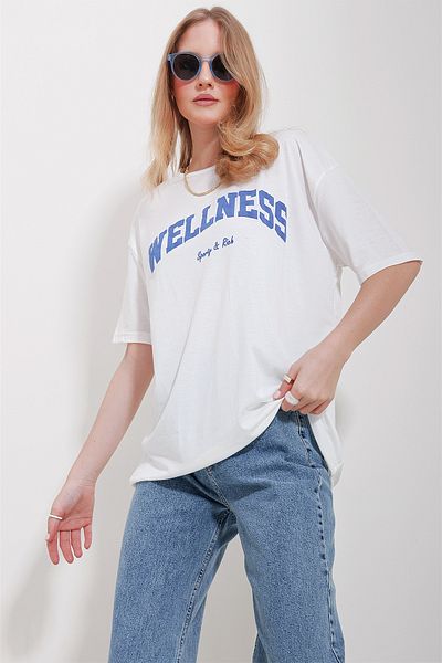 Trend Alaçatı Stili Women's Blue Crew Neck Printed Oversize Cotton T-Shirt ALC-X11588