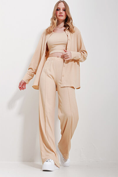 Trend Alaçatı Stili Női bézs Crop póló és nadrág szett ALC-X11606