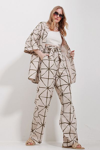 Trend Alaçatı Stili Women's Green Kimono Jacket And Palazzo Linen Pants Bottom Top Set ALC-X11589