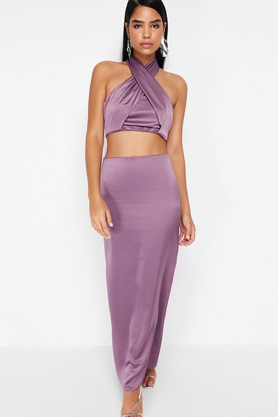 Trendyol Collection Ανοιχτό μωβ Satin Crop Μπλούζα - Λεπτομέρεια με κορδόνια, Υφαντό TPRSS24BZ00019