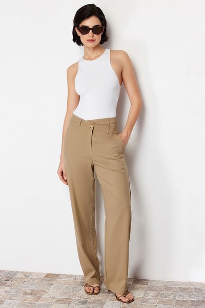 Trendyol Collection Beige Premium Straight Cut Asymmetrical Waist Detailed Woven Trousers TWOSS24PL00067