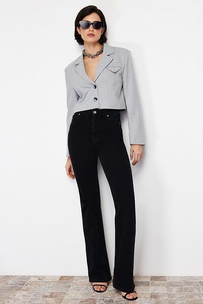 Trendyol Collection Szürke Polyviscon Striped Crop prémium szőtt blézer dzseki TWOSS24BC00025
