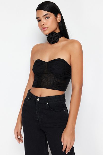 Trendyol Collection Black Body-Sitting Pletená krajka Bustier TPRSS24BS00008