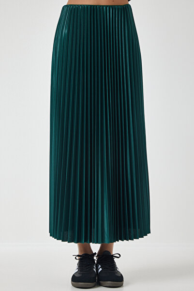 Happiness İstanbul Női smaragdzöld fényes felületű redőzött kötött szoknya LJ00002