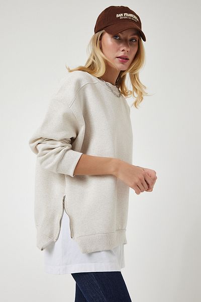 Happiness İstanbul Beiges Strick-Sweatshirt mit Reißverschluss und Reliefmuster für Damen UB00148