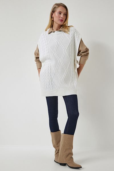 Happiness İstanbul Ecrufarbener Oversize-Strickpullover mit Krawattendetail für Damen YG00104