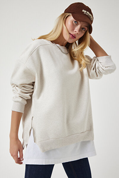 Happiness İstanbul Γυναικείο πλεκτό φούτερ με μπεζ φερμουάρ UB00148