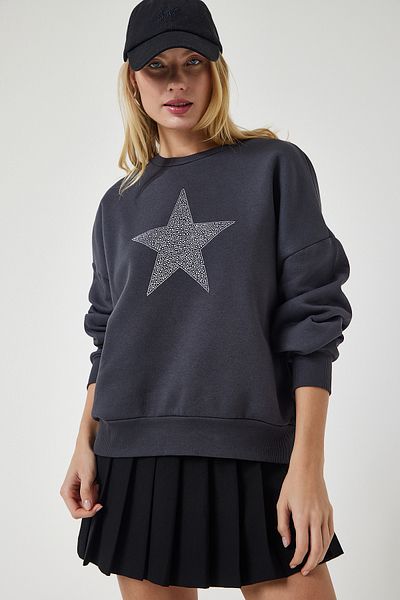 Happiness İstanbul Women's Anthracite Star Embroidered Raised Knitted Sweatshirt UB00237