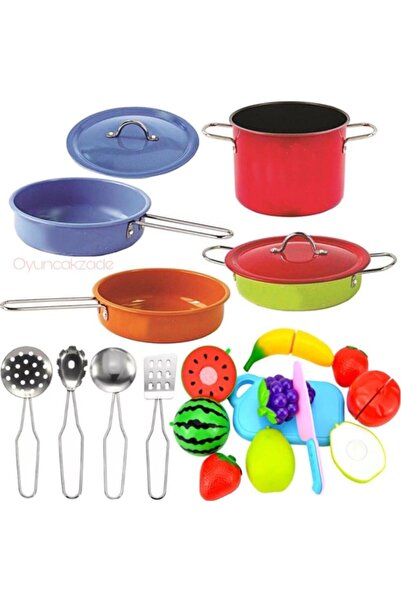 OyuncakZade Oyuncak Metal Tencere Tava Takımı + 14 Parça Kesilebilen Meyve Se...