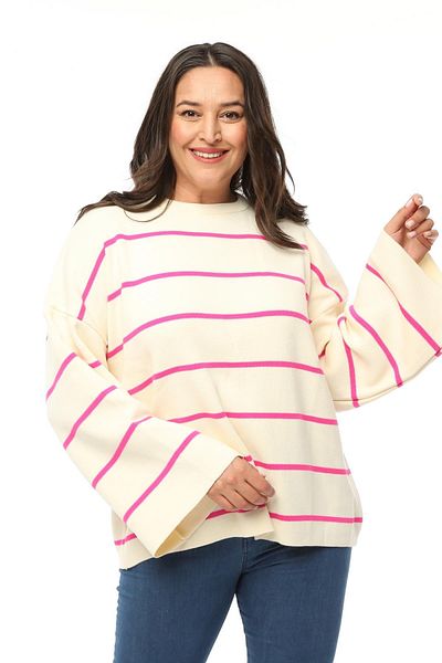 Ebsumu Women's Plus Size Striped Loose Pink Knitwear