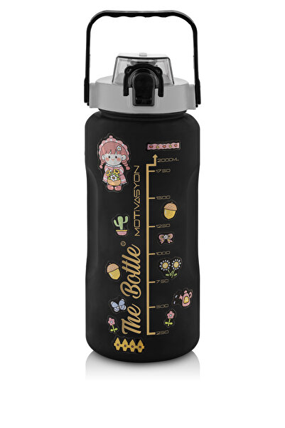 Comprox Motivational Water Bottle with Straw and Sticker Water Bottle 2000ml (2LT) BPA Free Sports Gym