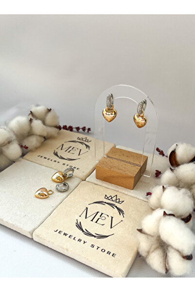 Mev Jewelry Store Zirkon Taşlı Kalın Halka Kalp Model Tasarım Küpe