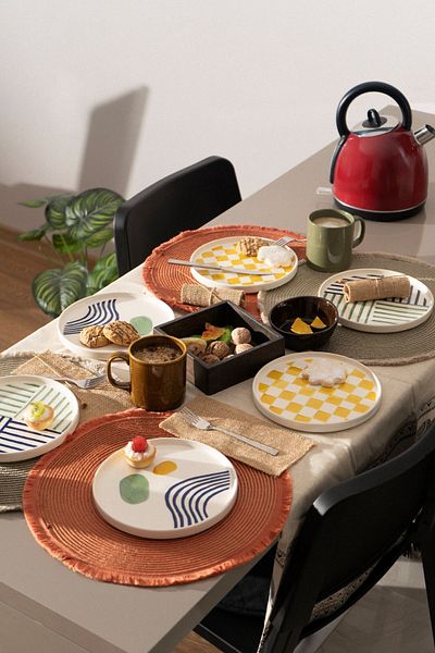 Kevin Seramik Hand Made 6 Piece Modern Patterned Cake Plate Set