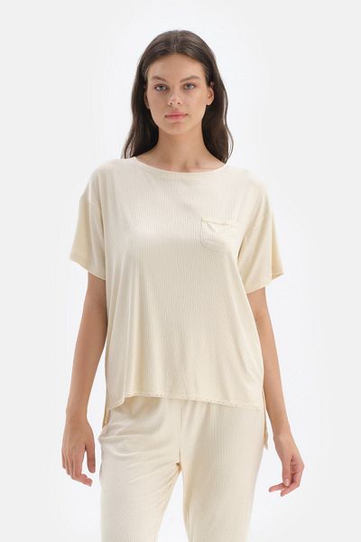 Dagi Ecrufarbenes kurzärmliges T-Shirt-Pyjama-Oberteil aus Viskose