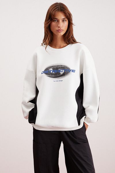 GRIMELANGE Lakısha Women's Crew Neck Oversize Fit Inside Fleece Printed White Sweatshirt