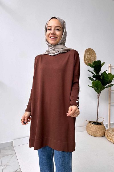 Ka Hijab Λεπτομέρεια μανίκι Mercerized Tunic - Καφέ