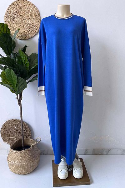 Ka Hijab Φόρεμα Hijab Mercerized με ρίγες γιακά - Saks Blue