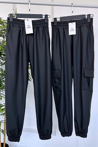 Ka Hijab Cargo Pocket Leather Jogger Hijab Παντελόνι - Μαύρο