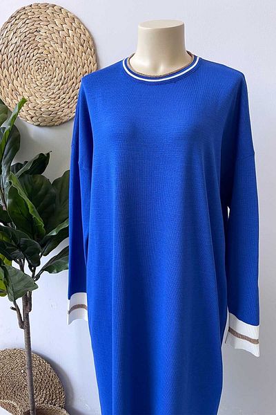 Ka Hijab Φόρεμα Hijab Mercerized με ρίγες γιακά - Saks Blue