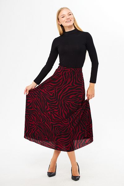 comstar Red Zebra Pattern Long Half Lining Pleated Skirt, Floral Patterned Summer Skirt, Crepe Skirt