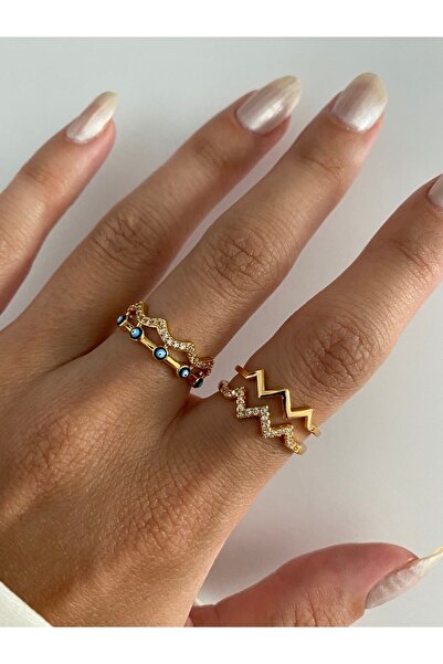 ringbox Kadın Gold Zirkon Taşlı Zikzak Yüzük