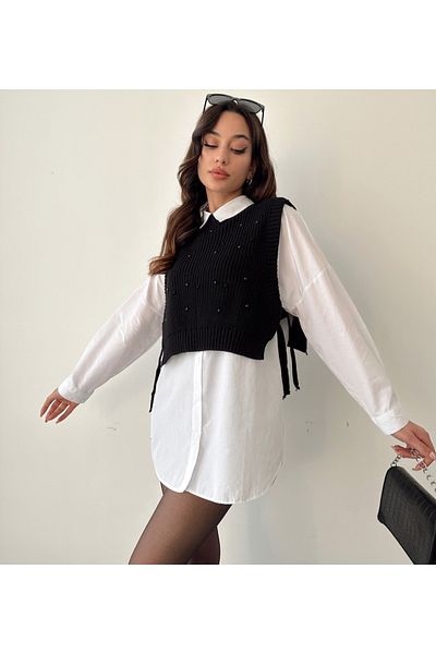 Modazeray Mdz Side Tied Pearl Detailed Sweater