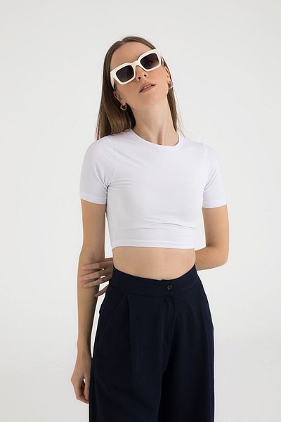 SHEISMONO Απαλή αφή με στρογγυλή λαιμόκοψη κοντό μανίκι Crop Top Λευκό
