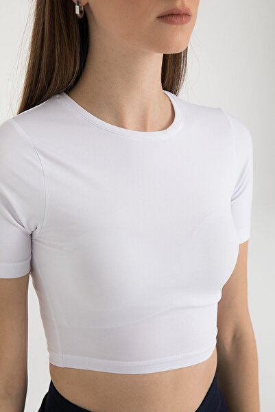 SHEISMONO Απαλή αφή με στρογγυλή λαιμόκοψη κοντό μανίκι Crop Top Λευκό