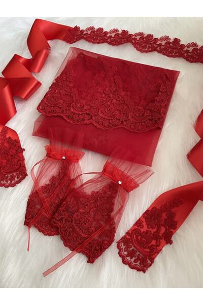 TELLİ DUVAK Kırmızı Beli Dantelli Fransız Dantelli Set