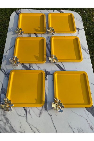 Aslı Hediyelik Luxury Butterfly Accessory Stainless Steel Yellow Square 6-Piece Coffee, Tea, Decorative Presentation Serving Tray