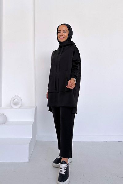 Ka Hijab Kangaroo Pocket Scuba Suit - Black