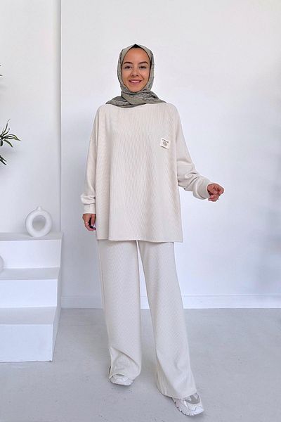 Ka Hijab Side Slit Corded Sports Hijab Set - Stone