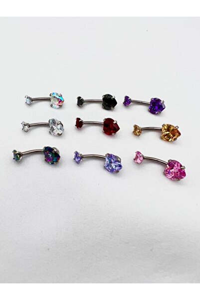 MAZEN Cerahhi Çelik Göbek Piercing Kalpli Zirkon Taş Fosforlu