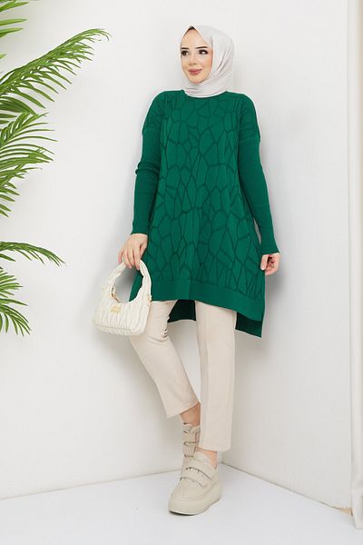 Pamuk Butik Tricotaj cu model pânză de păianjen mercerizată pentru femei, pulover, tunică, verde smarald