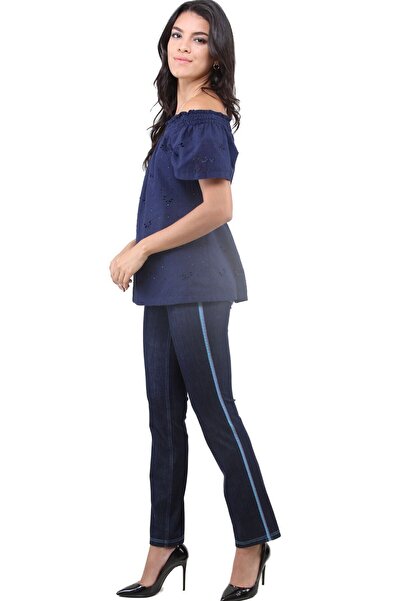 Dodona 3277  Taşlı Yanı Şeritli Özel Tasarım Lacivert Likralı Şık Kot Pantolon