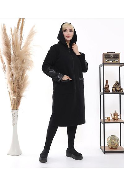 Butik Ayseba Women's Black Leather Detailed Three Thread Fleece Large Size Hooded Coat