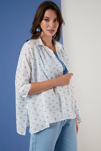Lela Oversize Cut Star Patterned Three Quarter Sleeve 100% Cotton Shirt Shirt 6058192