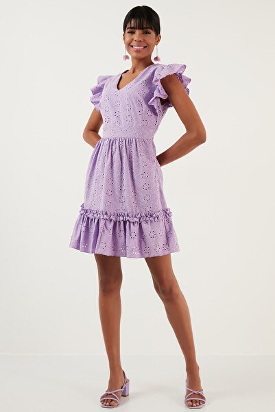 Lela Φόρεμα με βαμβακερό κέντημα με βολάν με λαιμόκοψη 6480105