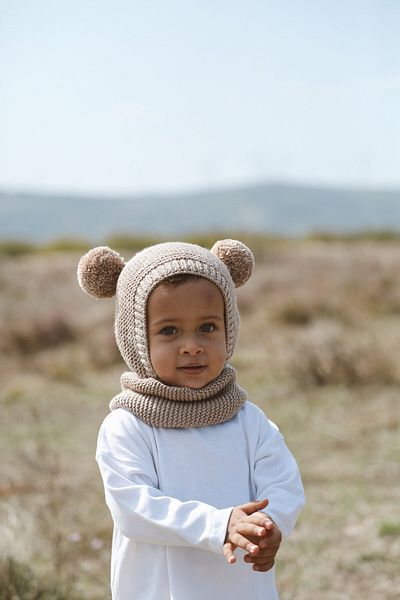 DERY BABY Pompom Bonnet, Beret and Neck Collar Set-Milk Brown
