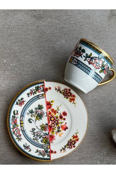 porselenden Kütahya Two Patterned, Double Pattern Blue Series Set of 2 Coffee Cups