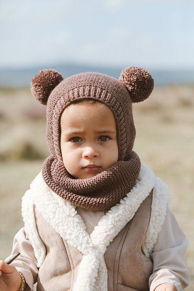 DERY BABY Pompom Bonnet Beret and Neck Collar Set-Brown