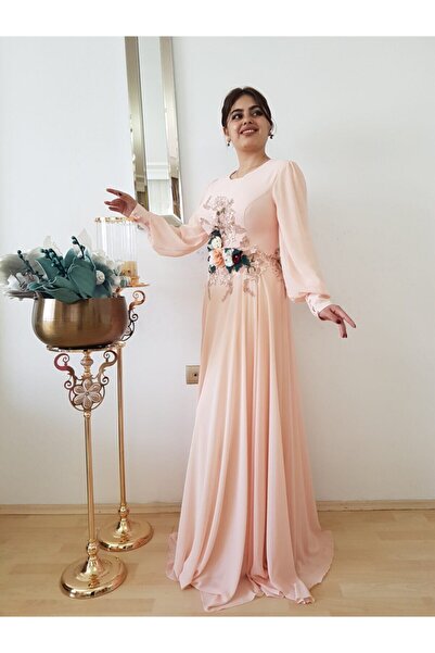 FERGAN Kadın Pudra Tesettür Şifon Abiye Elbise