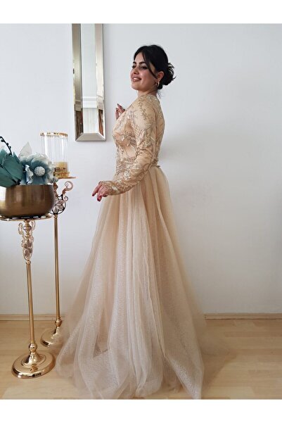 FERGAN Kadın Gold Tesettür Nişanlik Abiye Elbise